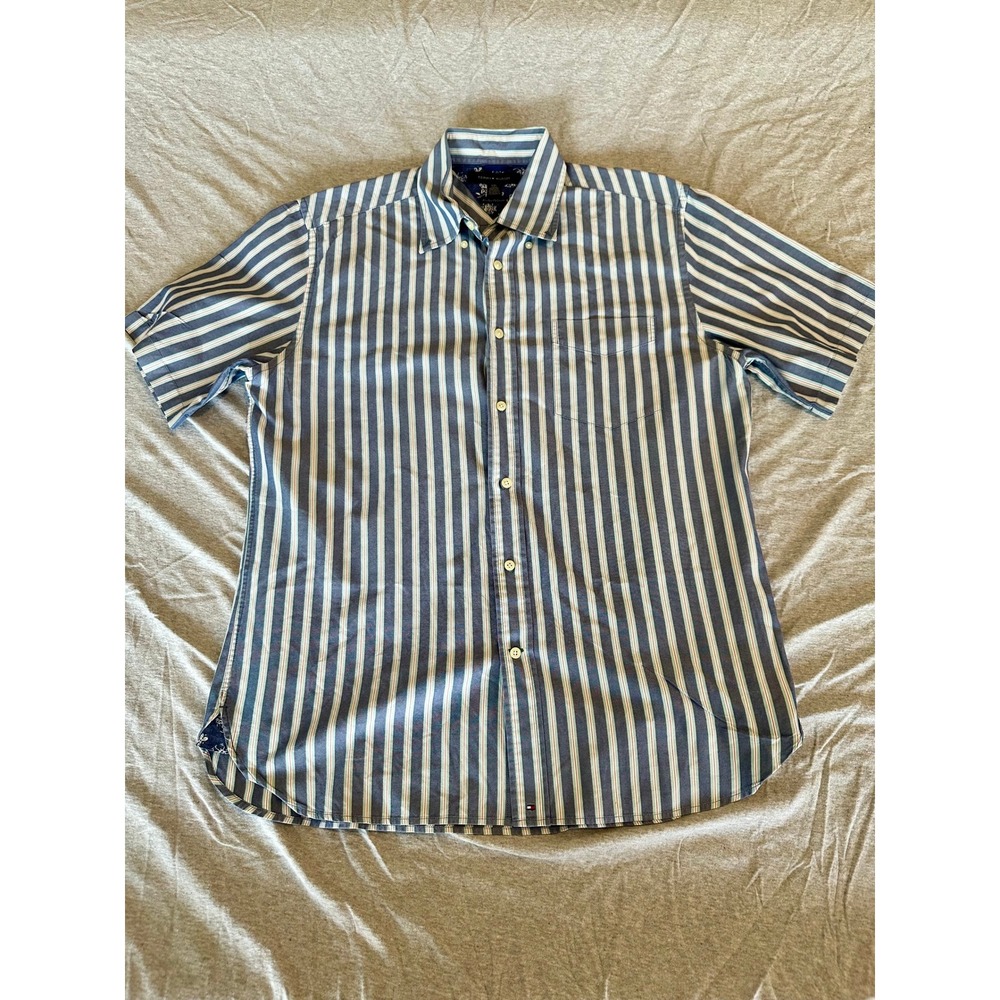Tommy Hilfiger Mens Blue White Striped Short Sleeve Button Down Shirt Large